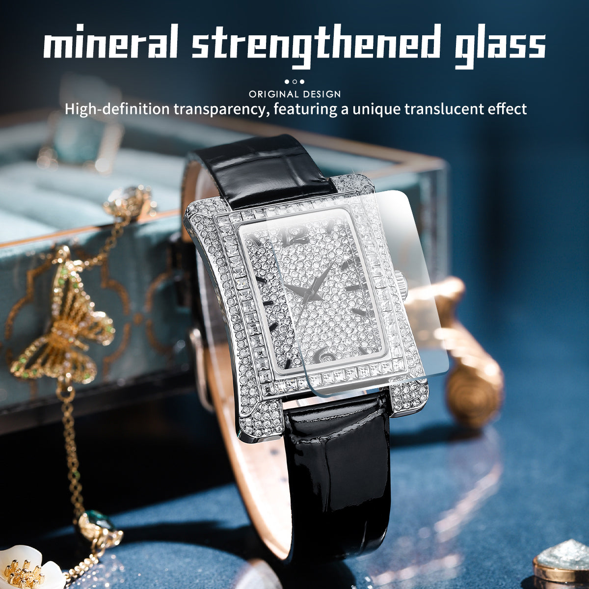 Sollen SL432 Women's Tank Quartz Watch - 33x43mm Full Pave Crystal Dial Iced Out Genuine Leather Strap Wristwatch