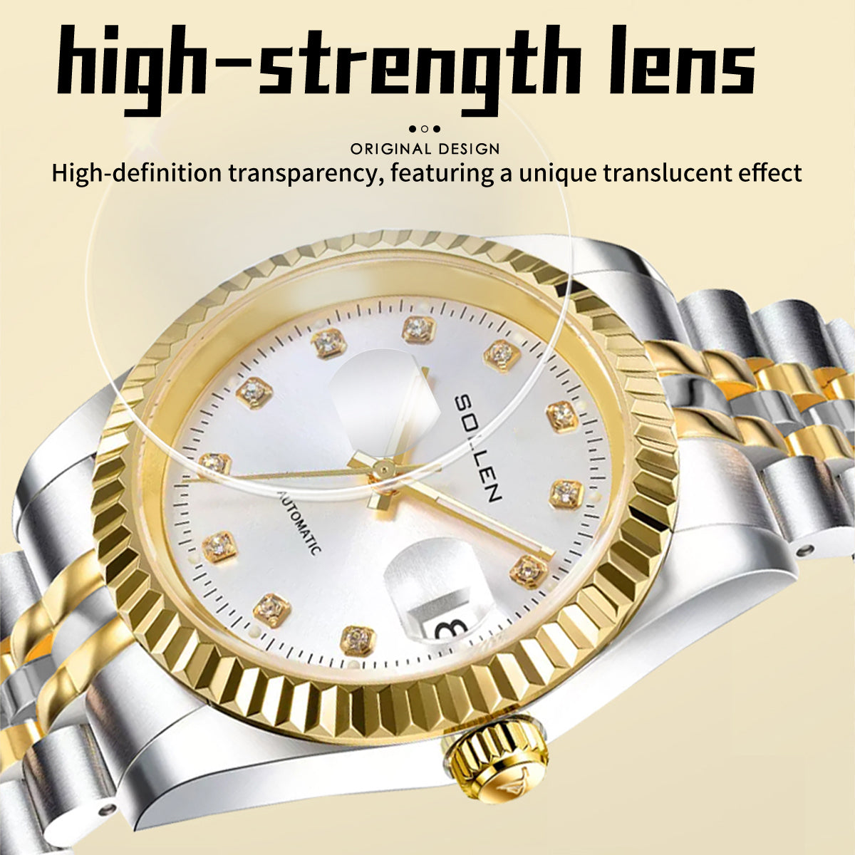 Sollen 9061 Automatic Watch - Men's Classic 36mm Fluted Bezel Cyclops Date 5-Bead Stainless Steel Bracelet Wristwatch