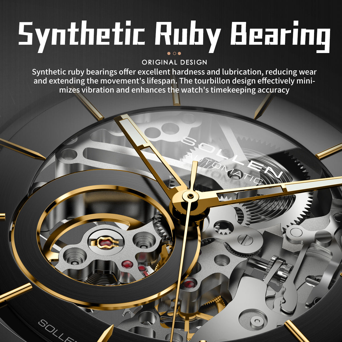 Sollen SL316 Men's Open Heart Full Skeleton Automatic Mechanical Watch - 42mm Stainless Steel Case Slim 9.9mm Acrylic Dial Wristwatch