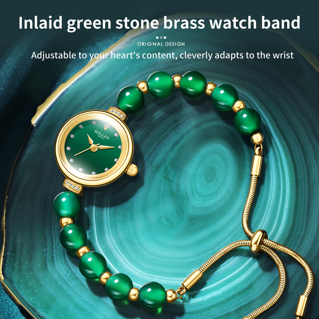 Sollen SL475 Quartz Watch - Women's Gold Green Chalcedony Beaded Bracelet Genuine Diamond Wristwatch