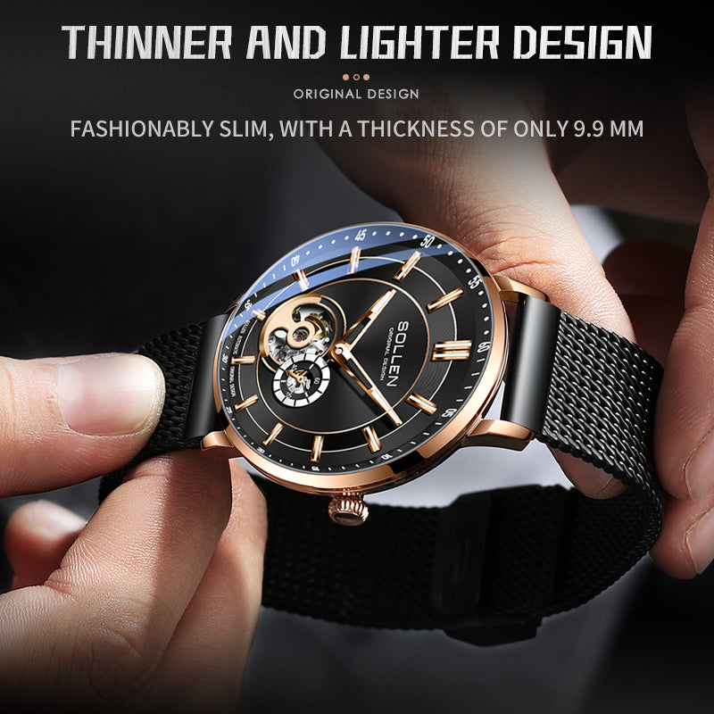 Sollen SL365 Men's Open Heart Automatic Mechanical Watch - 42mm Stainless Steel Case Slim 9.9mm Miyota 82S5 Movement Small Seconds Mesh Bracelet Wristwatch