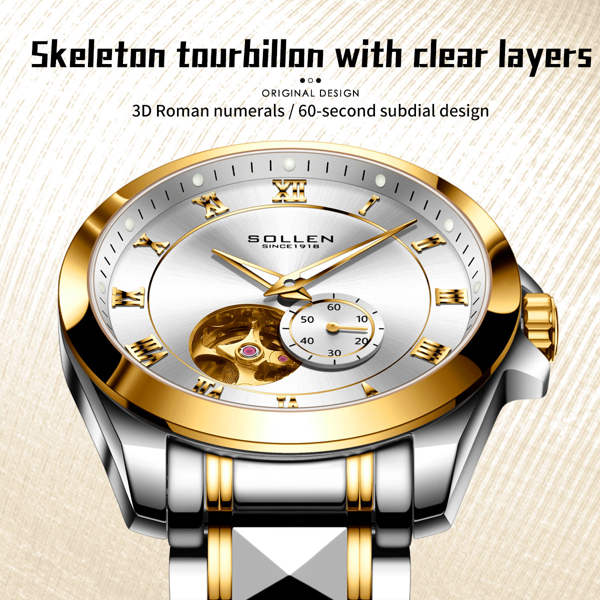Sollen 9060 Automatic Watch - Men's Executive Open-Heart Flywheel Small Seconds 7-Bead Stainless Steel Bracelet Wristwatch