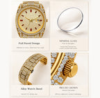 BELBI BELBL-8137 Live Edition Men's Iced Out Watch - Luxury Full Crystals Encrusted Round Case Pave Dial Ruby Red Indices 3H Date Metal Band Hiphop Wristwatch