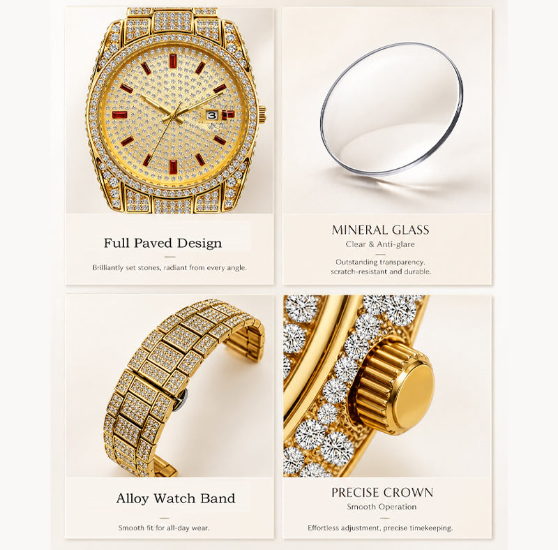 BELBI BELBL-8137 Live Edition Men's Iced Out Watch - Luxury Full Crystals Encrusted Round Case Pave Dial Ruby Red Indices 3H Date Metal Band Hiphop Wristwatch
