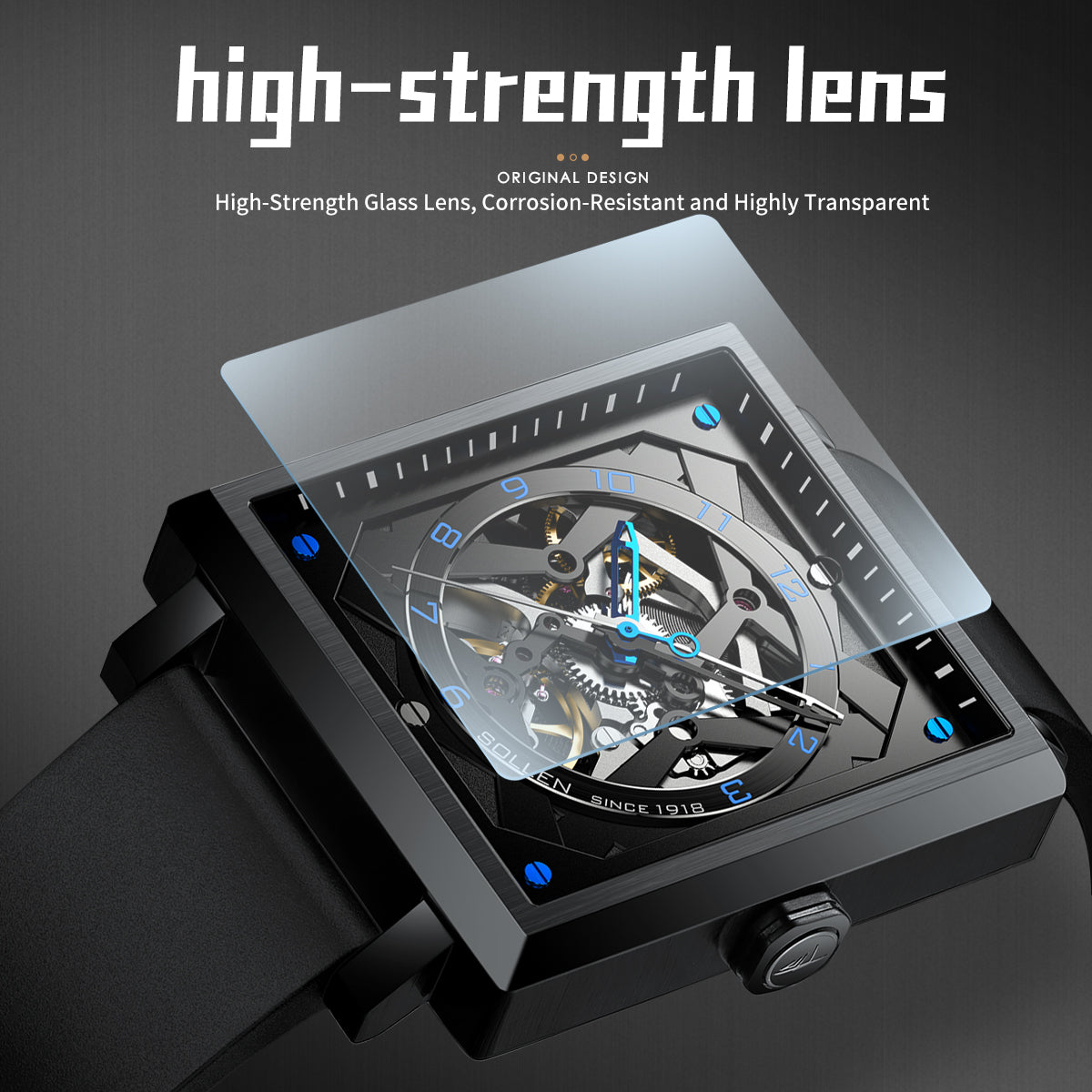 Sollen SL205 Men's Square Skeleton Automatic Mechanical Watch - 35x38mm Stainless Steel Case Sapphire Crystal Open Dial Fluororubber Strap Wristwatch