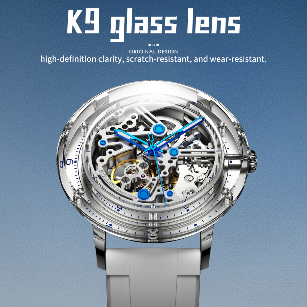 Sollen SL320 Men's Full Skeleton Automatic Mechanical Watch - 42mm K9 Glass Case Sandblasted Open Dial Fluororubber Strap Wristwatch