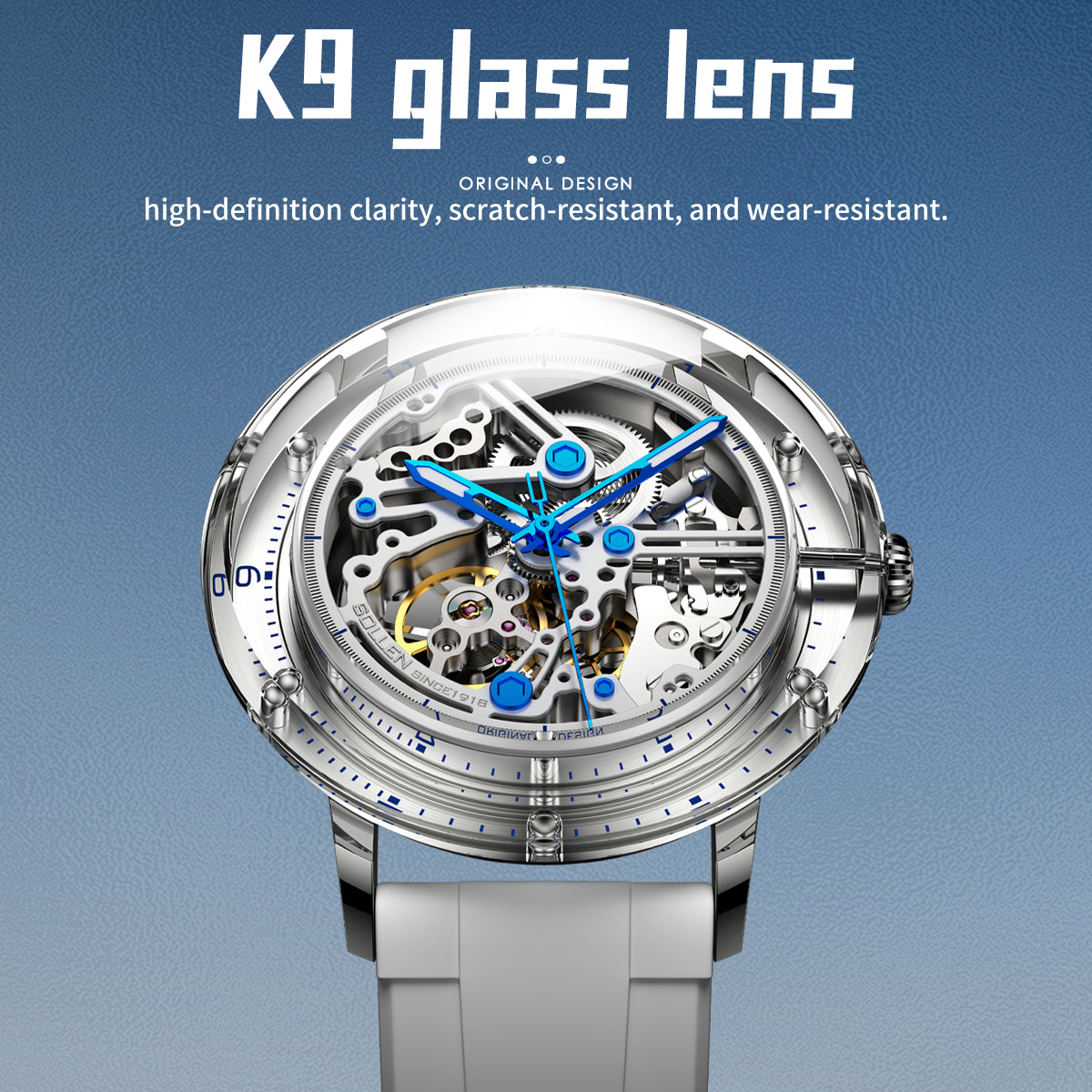 Sollen SL320 Men's Full Skeleton Automatic Mechanical Watch - 42mm K9 Glass Case Sandblasted Open Dial Fluororubber Strap Wristwatch