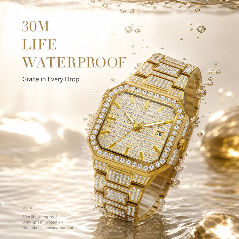 BELBI BELBL-8223 Live Edition Men's Iced Out Watch - Luxury Full Crystals Encrusted Octagonal Case Pave Dial Date Window Metal Band Hiphop Wristwatch