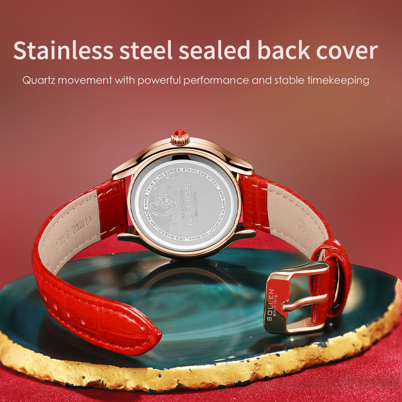 Sollen SL436 Women's Quartz Watch - 36mm Full Pave Crystal Dial Ruby Crown Genuine Leather Strap Wristwatch