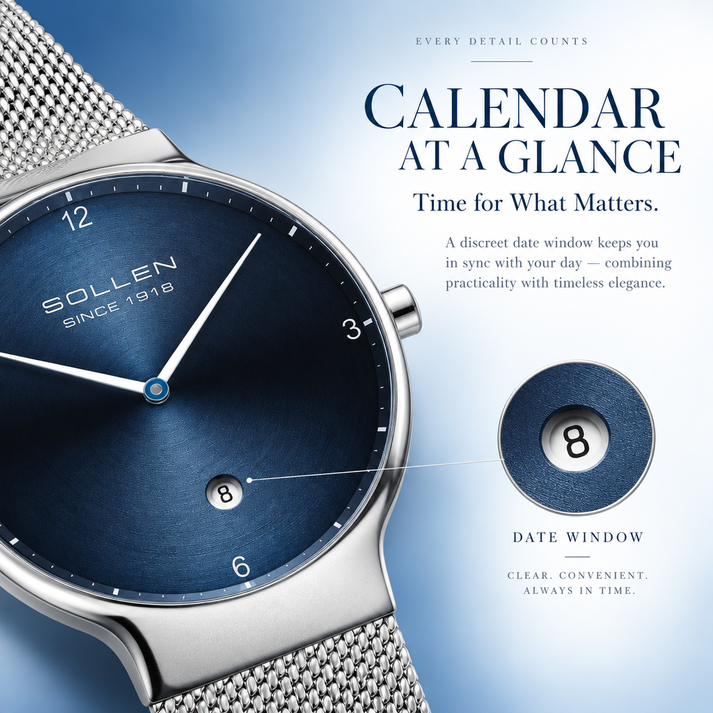 Sollen 9015 Series Quartz Watch - Men's Ultra-Thin Minimalist Dial Slim Profile Stainless Steel Mesh Strap Wristwatch