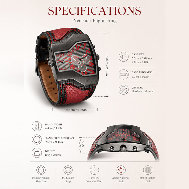 Oulm HP1220 Quartz Watch - Live Edition Men's Steampunk Dual Time Zone Asymmetrical IPB Black Case 44mm Wide PU Leather Cuff Band Wristwatch