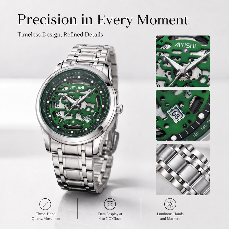 AIYISHI AYS2805G Live Edition Men's Skeleton Style Quartz Watch - 40mm Silver Case Tachymeter Bezel Date Window Metal Band Wristwatch
