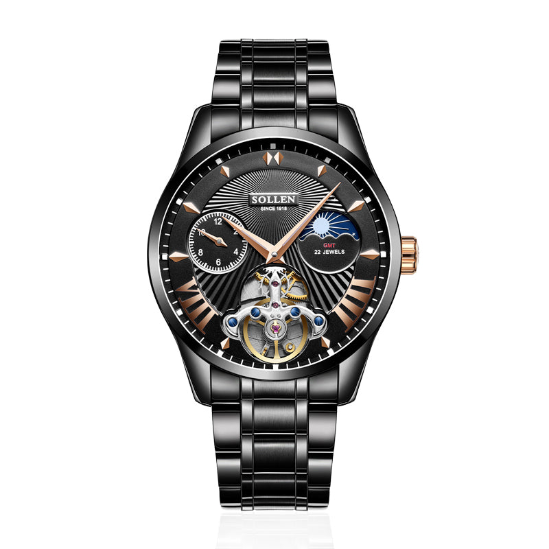 Sollen SL302 Men's Open Heart Automatic Mechanical Watch - 41mm Stainless Steel Case Moon Phase Dual Time Sunburst Dial Wristwatch