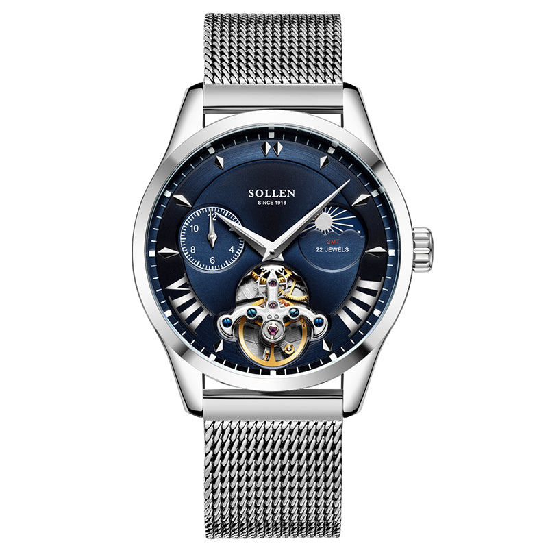 Sollen SL302 Men's Open Heart Automatic Mechanical Watch - 41mm Stainless Steel Case Moon Phase Dual Time Sunburst Dial Wristwatch