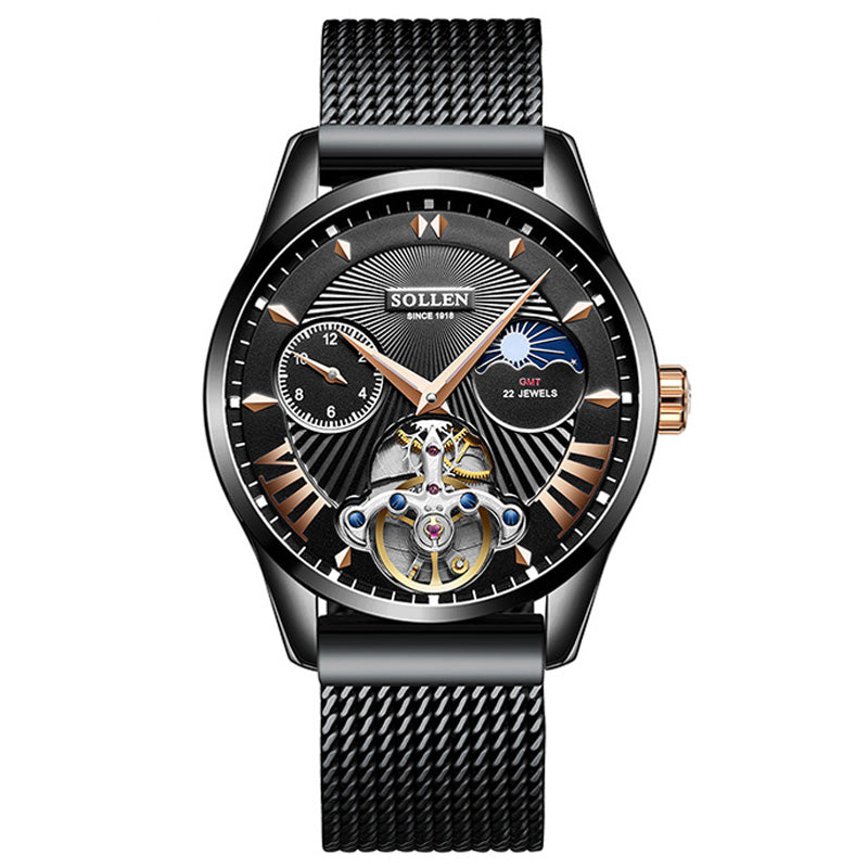 Sollen SL302 Men's Open Heart Automatic Mechanical Watch - 41mm Stainless Steel Case Moon Phase Dual Time Sunburst Dial Wristwatch
