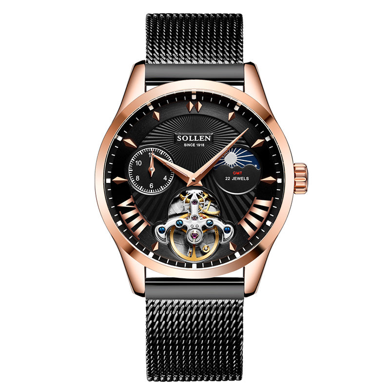 Sollen SL302 Men's Open Heart Automatic Mechanical Watch - 41mm Stainless Steel Case Moon Phase Dual Time Sunburst Dial Wristwatch