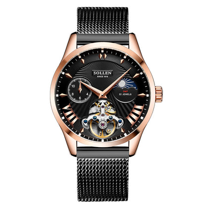 Sollen SL302 Men's Open Heart Automatic Mechanical Watch - 41mm Stainless Steel Case Moon Phase Dual Time Sunburst Dial Wristwatch