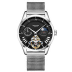 Sollen SL302 Men's Open Heart Automatic Mechanical Watch - 41mm Stainless Steel Case Moon Phase Dual Time Sunburst Dial Wristwatch