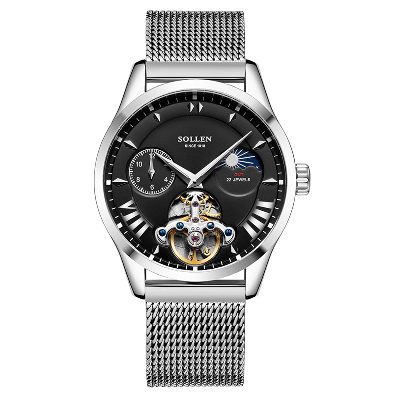 Sollen SL302 Men's Open Heart Automatic Mechanical Watch - 41mm Stainless Steel Case Moon Phase Dual Time Sunburst Dial Wristwatch