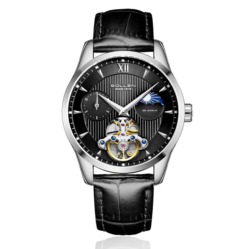 Sollen SL302X Men's Open Heart Automatic Mechanical Watch - 41mm Stainless Steel Case Moon Phase Dual Time Leather Strap Wristwatch