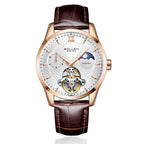 Sollen SL302X Men's Open Heart Automatic Mechanical Watch - 41mm Stainless Steel Case Moon Phase Dual Time Leather Strap Wristwatch