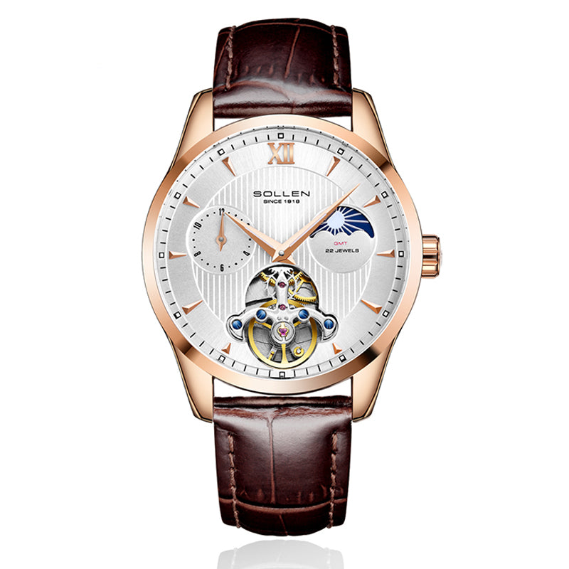 Sollen SL302X Men's Open Heart Automatic Mechanical Watch - 41mm Stainless Steel Case Moon Phase Dual Time Leather Strap Wristwatch