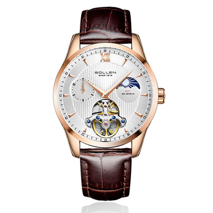 Sollen SL302X Men's Open Heart Automatic Mechanical Watch - 41mm Stainless Steel Case Moon Phase Dual Time Leather Strap Wristwatch
