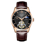 Sollen SL302X Men's Open Heart Automatic Mechanical Watch - 41mm Stainless Steel Case Moon Phase Dual Time Leather Strap Wristwatch
