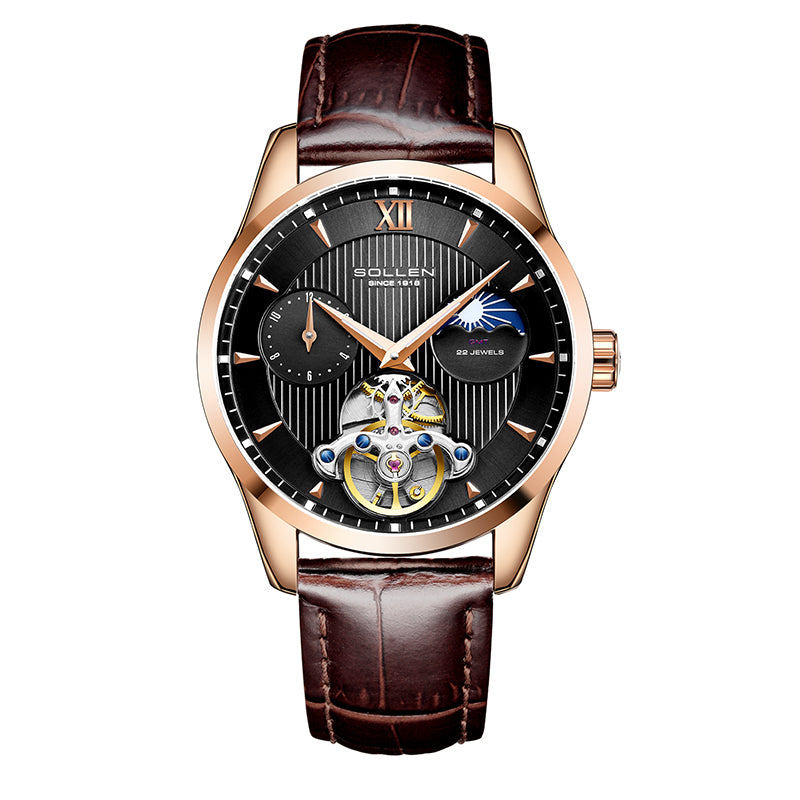 Sollen SL302X Men's Open Heart Automatic Mechanical Watch - 41mm Stainless Steel Case Moon Phase Dual Time Leather Strap Wristwatch