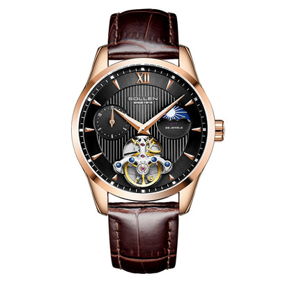 Sollen SL302X Men's Open Heart Automatic Mechanical Watch - 41mm Stainless Steel Case Moon Phase Dual Time Leather Strap Wristwatch