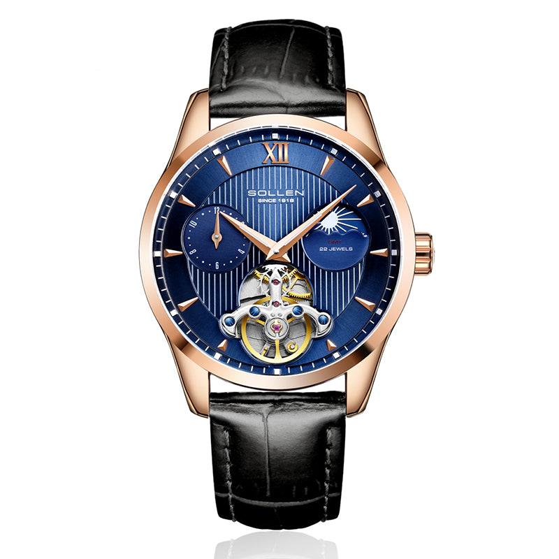 Sollen SL302X Men's Open Heart Automatic Mechanical Watch - 41mm Stainless Steel Case Moon Phase Dual Time Leather Strap Wristwatch