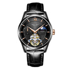 Sollen SL302X Men's Open Heart Automatic Mechanical Watch - 41mm Stainless Steel Case Moon Phase Dual Time Leather Strap Wristwatch