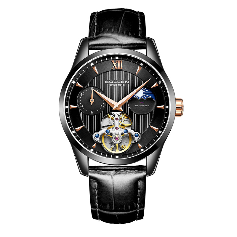 Sollen SL302X Men's Open Heart Automatic Mechanical Watch - 41mm Stainless Steel Case Moon Phase Dual Time Leather Strap Wristwatch