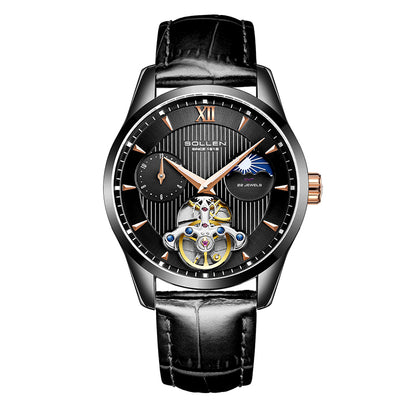 Sollen SL302X Men's Open Heart Automatic Mechanical Watch - 41mm Stainless Steel Case Moon Phase Dual Time Leather Strap Wristwatch