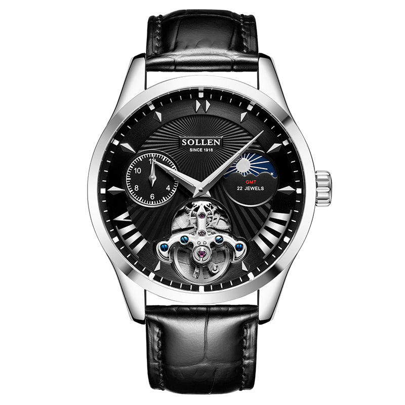 Sollen SL302 Men's Open Heart Automatic Mechanical Watch - 41mm Stainless Steel Case Moon Phase Dual Time Sunburst Dial Wristwatch