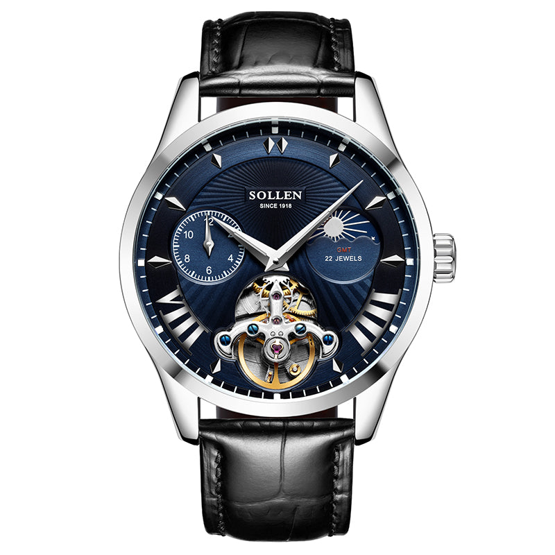 Sollen SL302 Men's Open Heart Automatic Mechanical Watch - 41mm Stainless Steel Case Moon Phase Dual Time Sunburst Dial Wristwatch