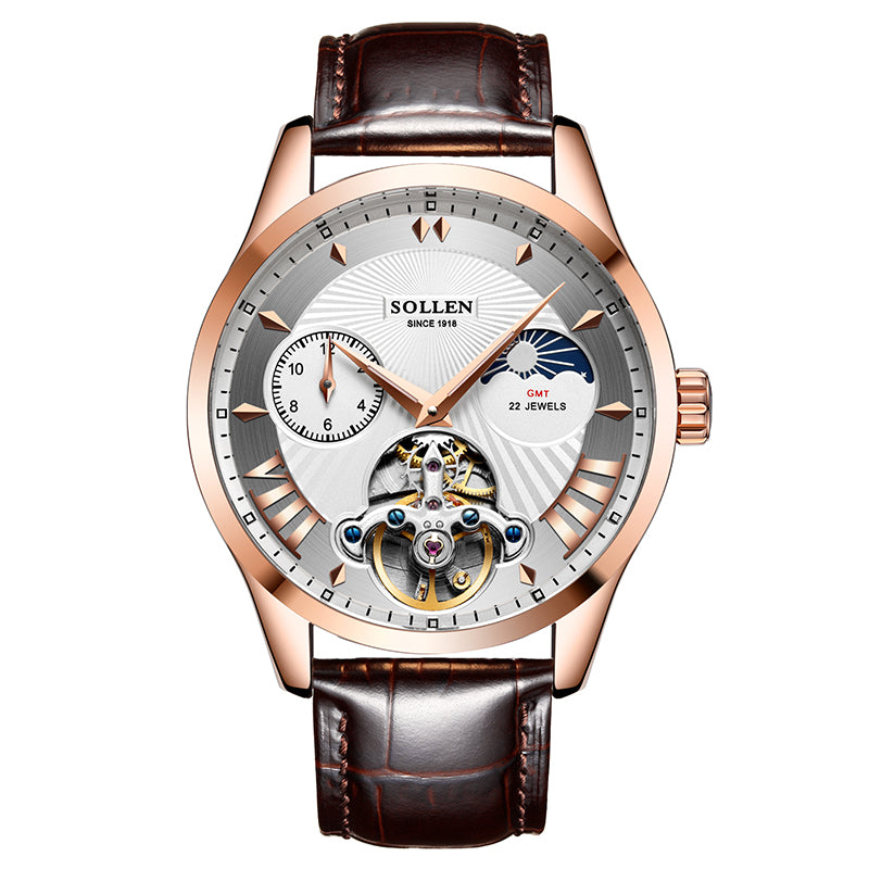 Sollen SL302 Men's Open Heart Automatic Mechanical Watch - 41mm Stainless Steel Case Moon Phase Dual Time Sunburst Dial Wristwatch