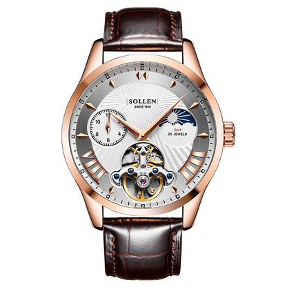 Sollen SL302 Men's Open Heart Automatic Mechanical Watch - 41mm Stainless Steel Case Moon Phase Dual Time Sunburst Dial Wristwatch