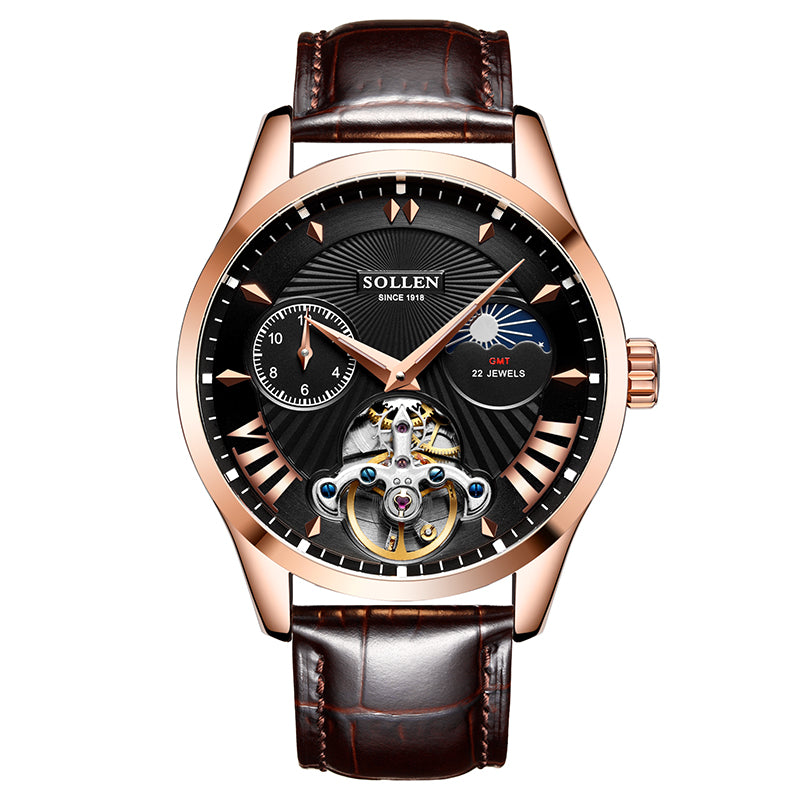 Sollen SL302 Men's Open Heart Automatic Mechanical Watch - 41mm Stainless Steel Case Moon Phase Dual Time Sunburst Dial Wristwatch