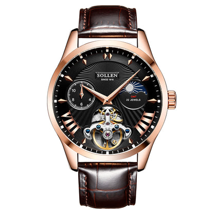Sollen SL302 Men's Open Heart Automatic Mechanical Watch - 41mm Stainless Steel Case Moon Phase Dual Time Sunburst Dial Wristwatch