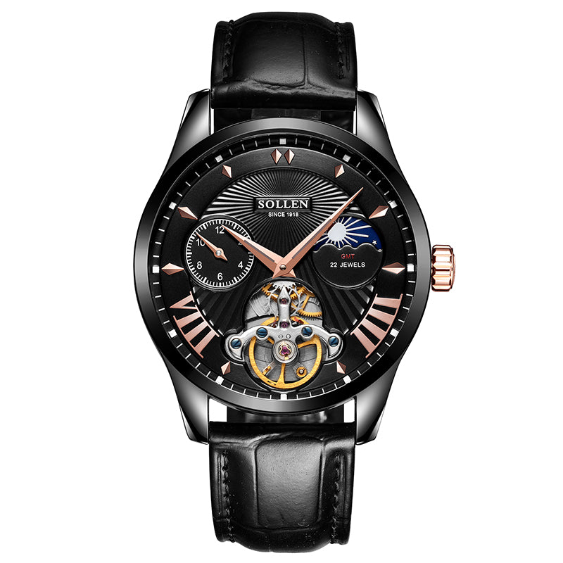 Sollen SL302 Men's Open Heart Automatic Mechanical Watch - 41mm Stainless Steel Case Moon Phase Dual Time Sunburst Dial Wristwatch