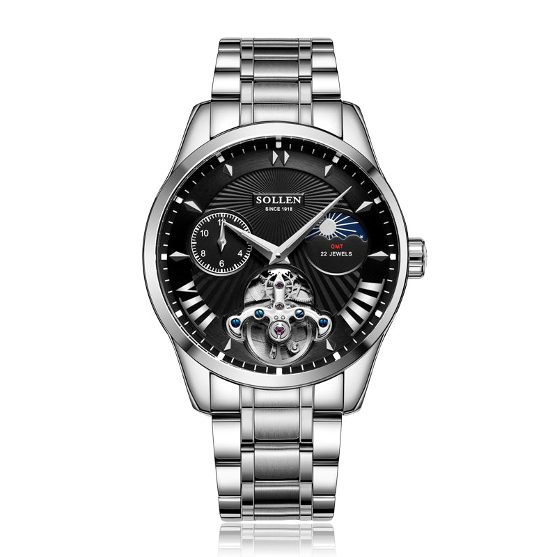 Sollen SL302 Men's Open Heart Automatic Mechanical Watch - 41mm Stainless Steel Case Moon Phase Dual Time Sunburst Dial Wristwatch