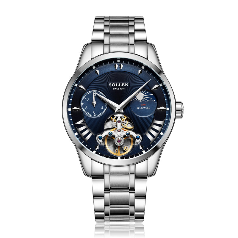Sollen SL302 Men's Open Heart Automatic Mechanical Watch - 41mm Stainless Steel Case Moon Phase Dual Time Sunburst Dial Wristwatch