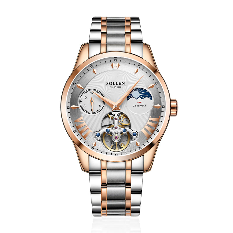Sollen SL302 Men's Open Heart Automatic Mechanical Watch - 41mm Stainless Steel Case Moon Phase Dual Time Sunburst Dial Wristwatch