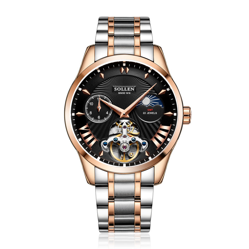 Sollen SL302 Men's Open Heart Automatic Mechanical Watch - 41mm Stainless Steel Case Moon Phase Dual Time Sunburst Dial Wristwatch