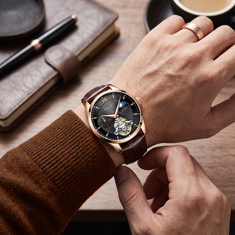 Sollen SL302X Men's Open Heart Automatic Mechanical Watch - 41mm Stainless Steel Case Moon Phase Dual Time Leather Strap Wristwatch