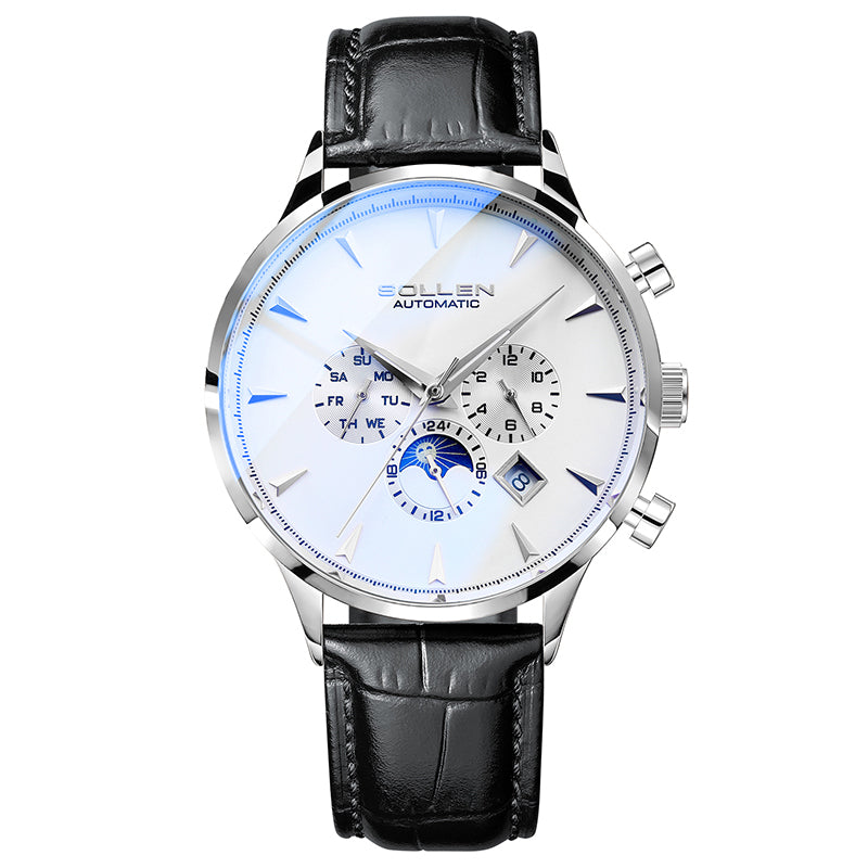 Sollen SL303 Men's Multi-Function Automatic Mechanical Watch - 41.5mm Stainless Steel Case Sun & Moon Phase Calendar Dial Wristwatch