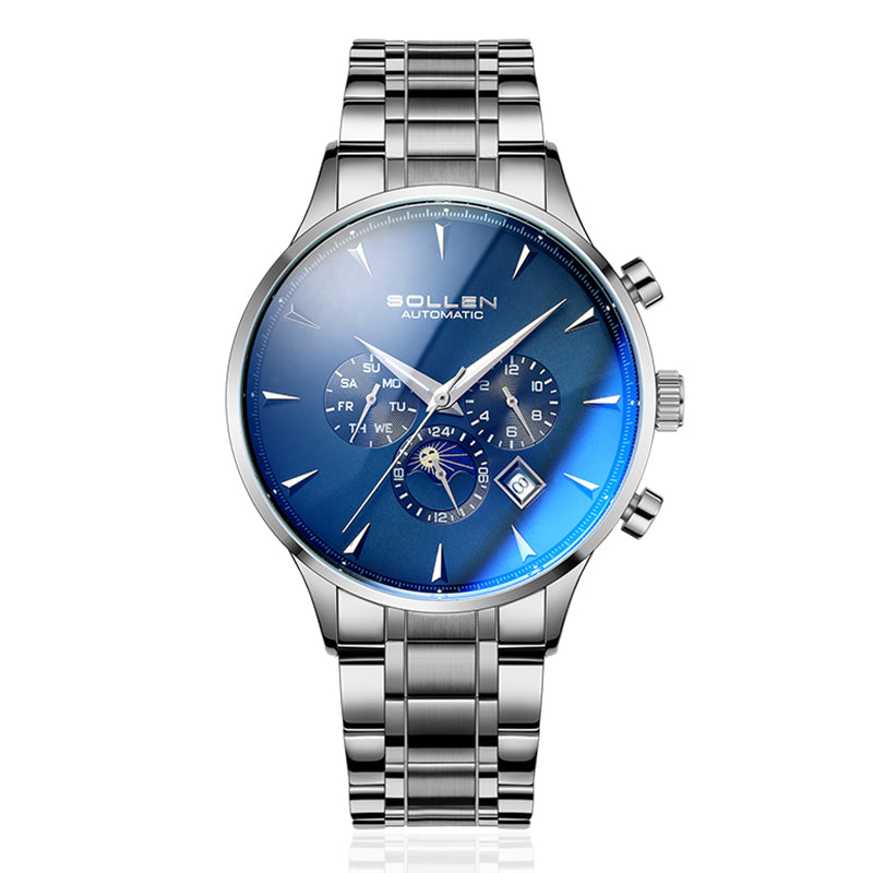 Sollen SL303 Men's Multi-Function Automatic Mechanical Watch - 41.5mm Stainless Steel Case Sun & Moon Phase Calendar Dial Wristwatch