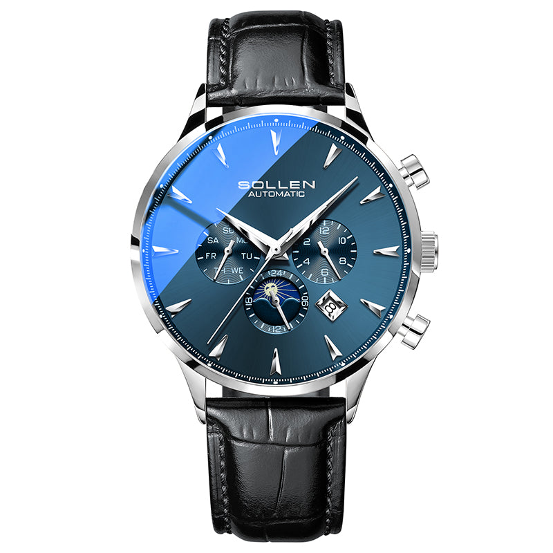 Sollen SL303 Men's Multi-Function Automatic Mechanical Watch - 41.5mm Stainless Steel Case Sun & Moon Phase Calendar Dial Wristwatch
