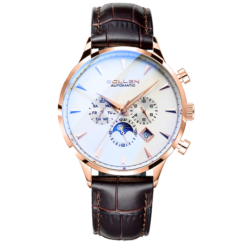 Sollen SL303 Men's Multi-Function Automatic Mechanical Watch - 41.5mm Stainless Steel Case Sun & Moon Phase Calendar Dial Wristwatch